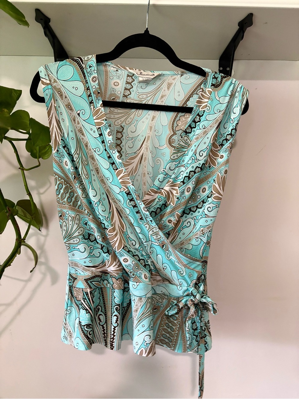 Jessica Aqua and Beige Paisley Wrap Tank